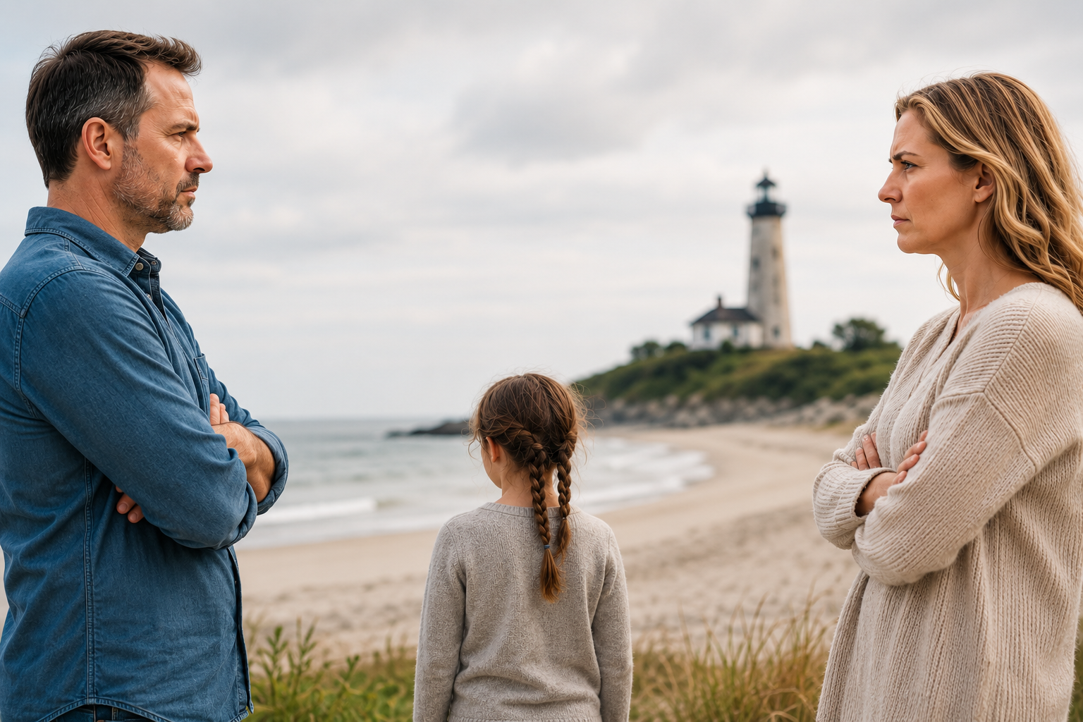 Parents experiencing conflict with their child between them and a lighthouse in the distance.